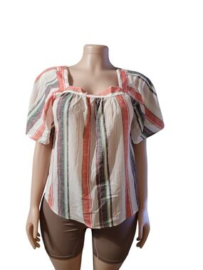 URBAN Romantics Striped Square-Neck Puff Sleeve Top - Coral, Cream, Green, Navy